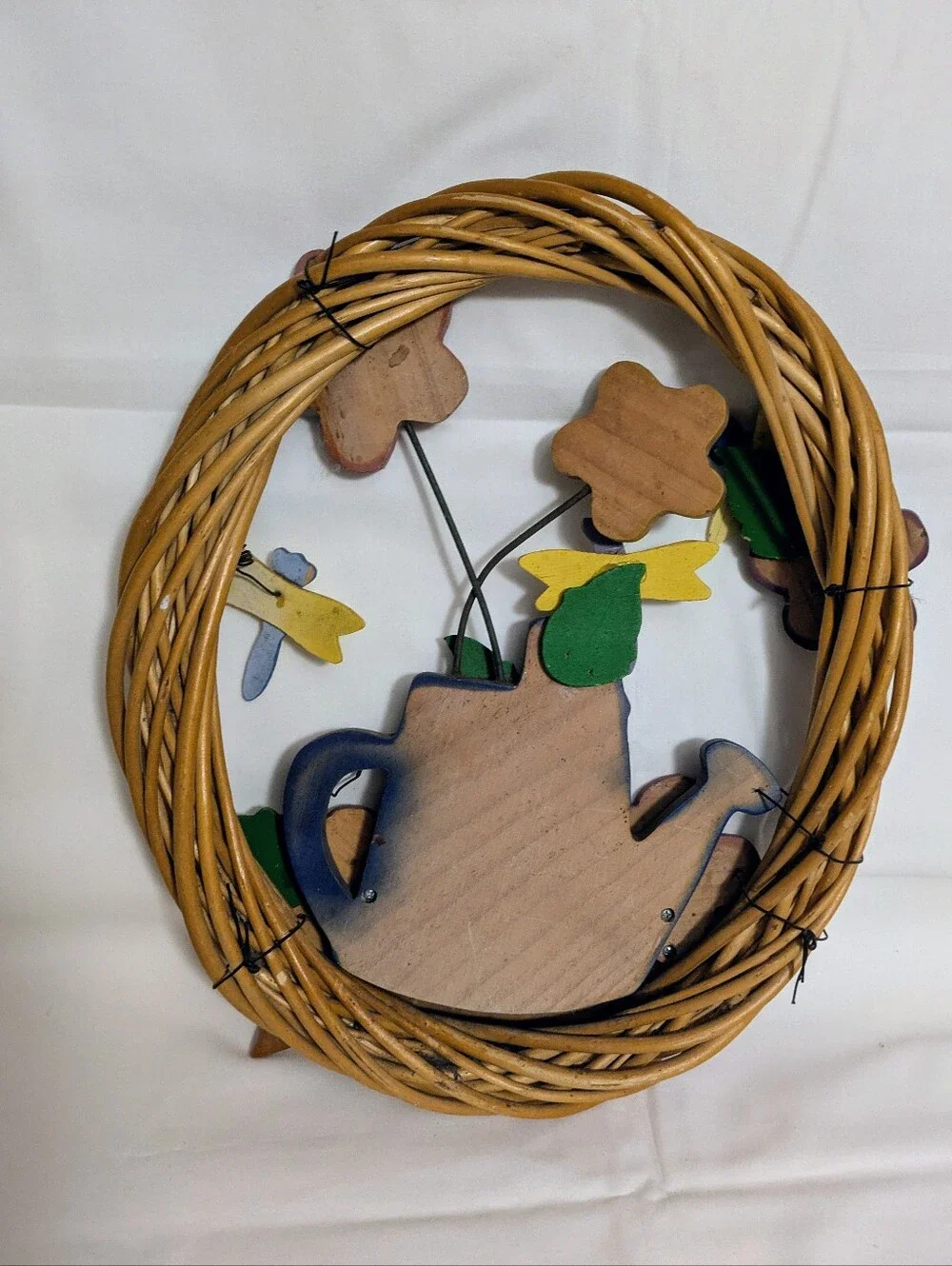 Wreath Wooden Floral Welcome Wreath with Watering Can Flowers Dragonflys Vintage